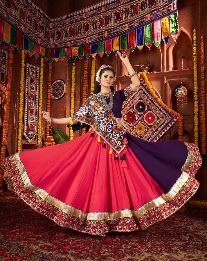 Multi Color Thread & Mirror Work Cotton Navratri Lehenga