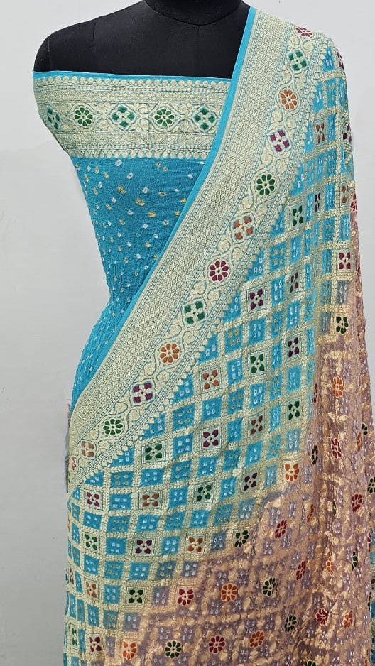 Turquoise Banarasi Handloom Gold Zari Bandhani Georgette Silk Saree