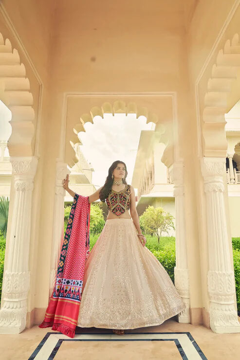 Designer Beige Lehenga Choli with Sequins & Thread Embroidery