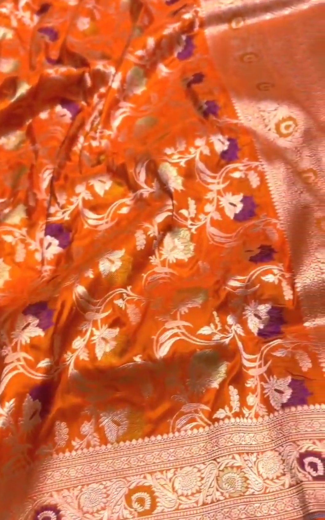 Orange Banarasi Handloom Katan Silk Meenakari Saree