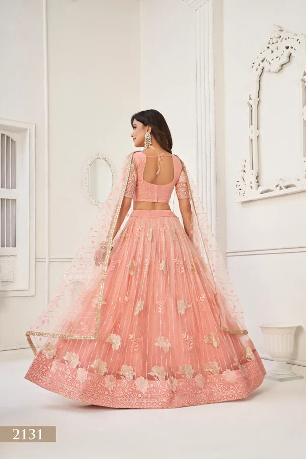 Elegant Peach Net Embroidered Lehenga Choli