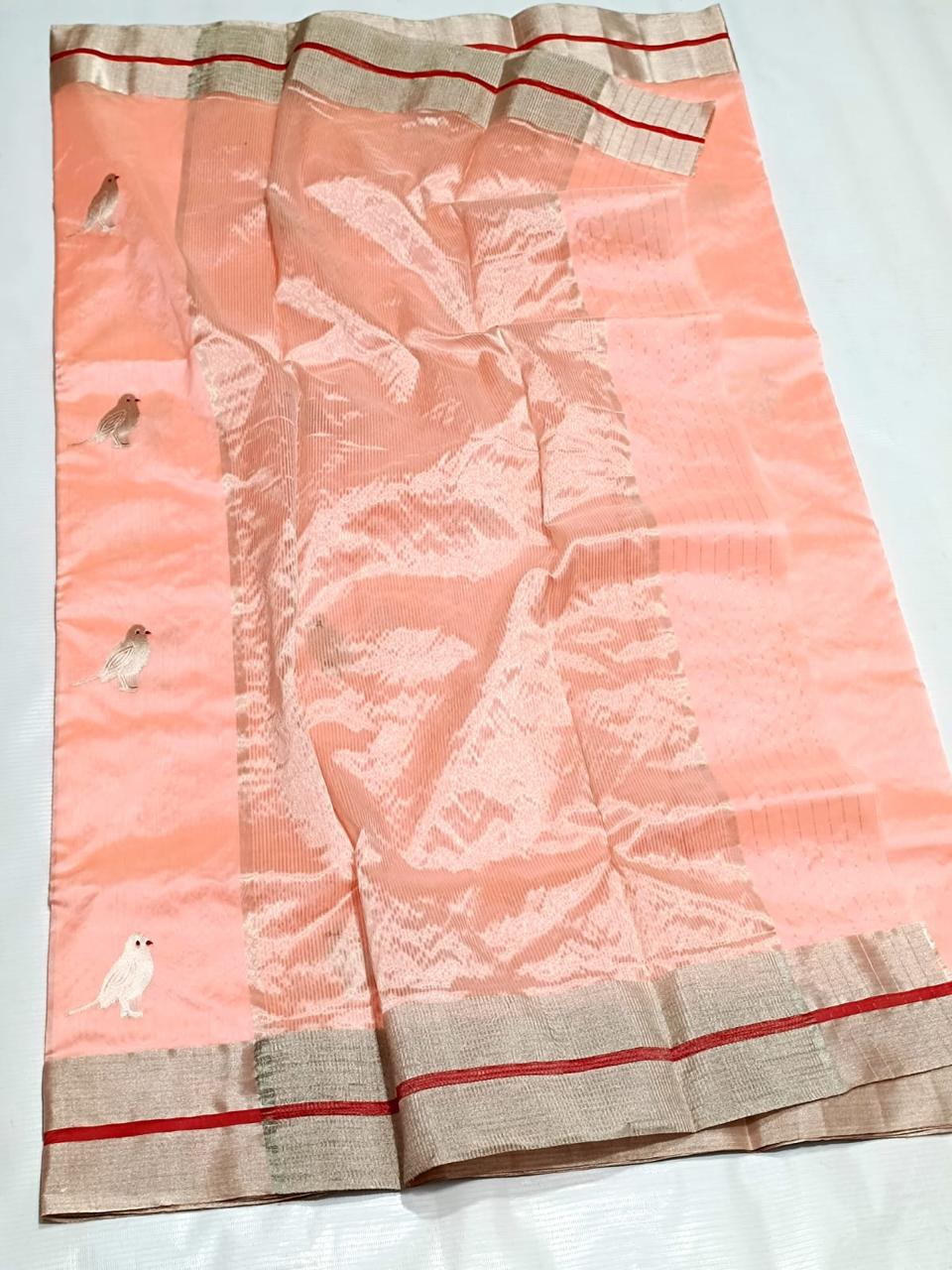 Peach Chanderi Handloom Pattu Silk Meenakari Saree
