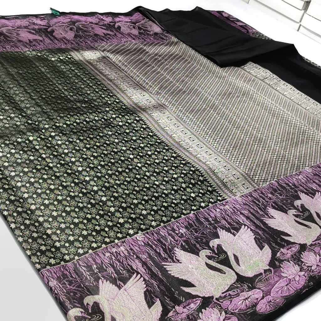 Sort Kanchipuram Håndvæv 1G Guld Pattu Silk Meenakari Saree