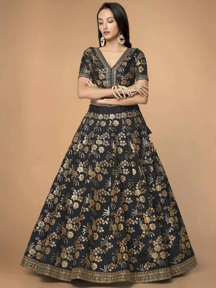 Black Silk Lehenga with Zari, Sequins & Dori Work