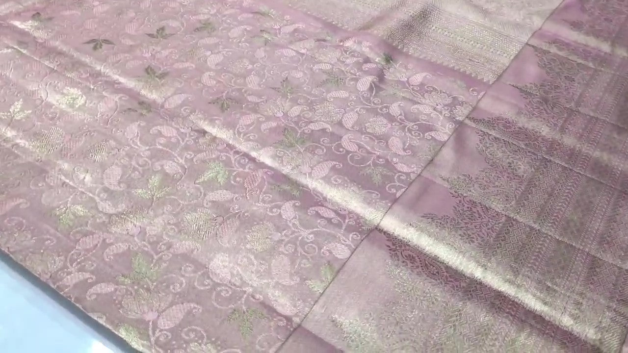 Babylyserød Kanchipuram håndvævet silkesari i brokade
