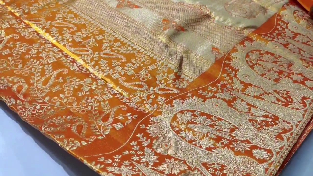 Orange Kanchipuram Handloom Tissue Brocade Silk Saree