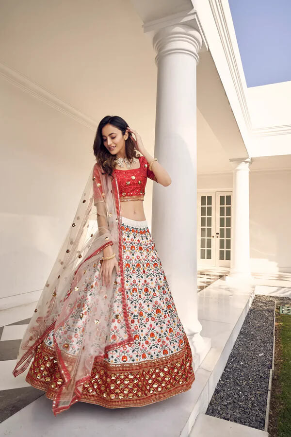 Classic White Embroidered Lehenga Choli in Art Silk