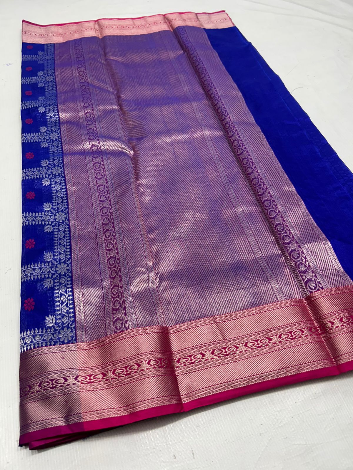 Royal Blue Chanderi Håndvævet Pattu Silk Meenakari Saree