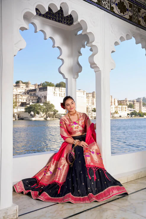 Black Paithani Jacquard Silk Lehenga for Bridal & Festive Wear