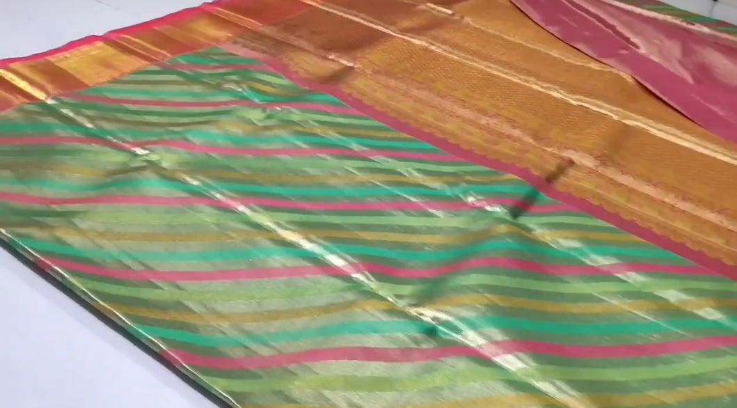Multi Colour Kanchipuram Handloom Tissue Brocade Silk Saree