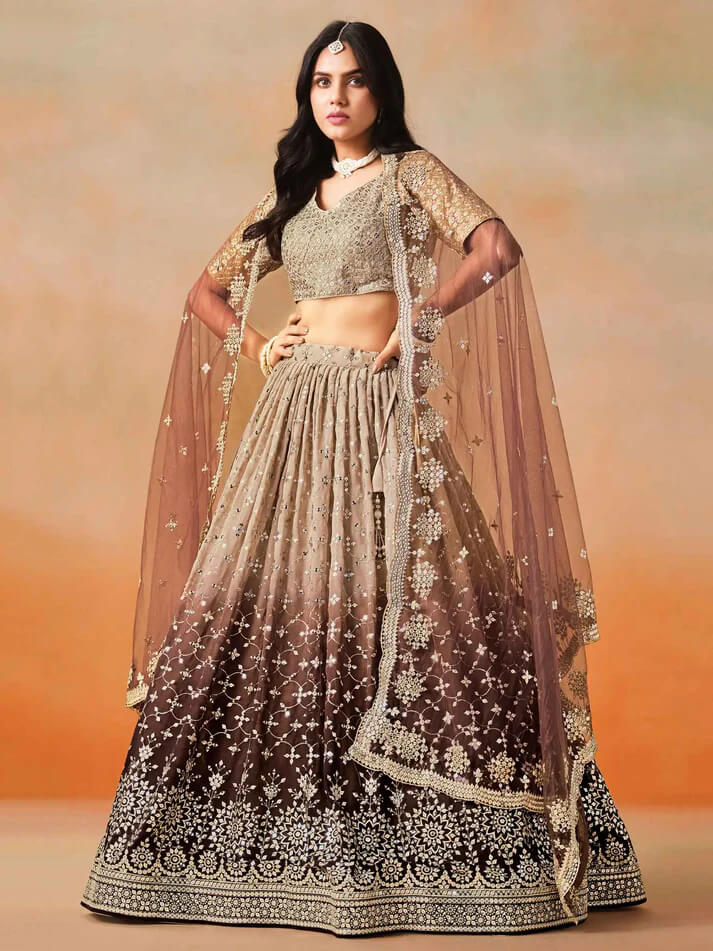 Beige-Brown Gradient Georgette Lehenga with Zari & Sequins