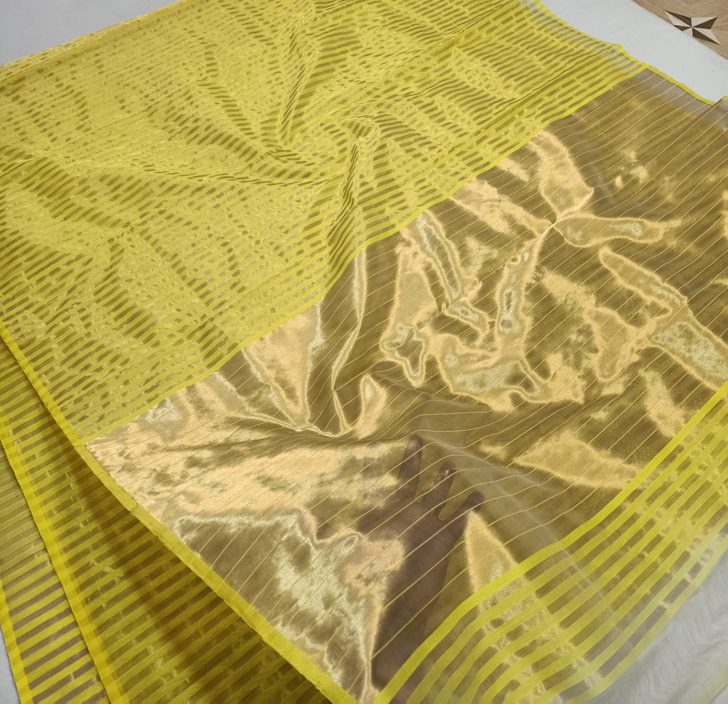 Golden Yellow Chanderi Handloom Cotton Silk Striped Saree