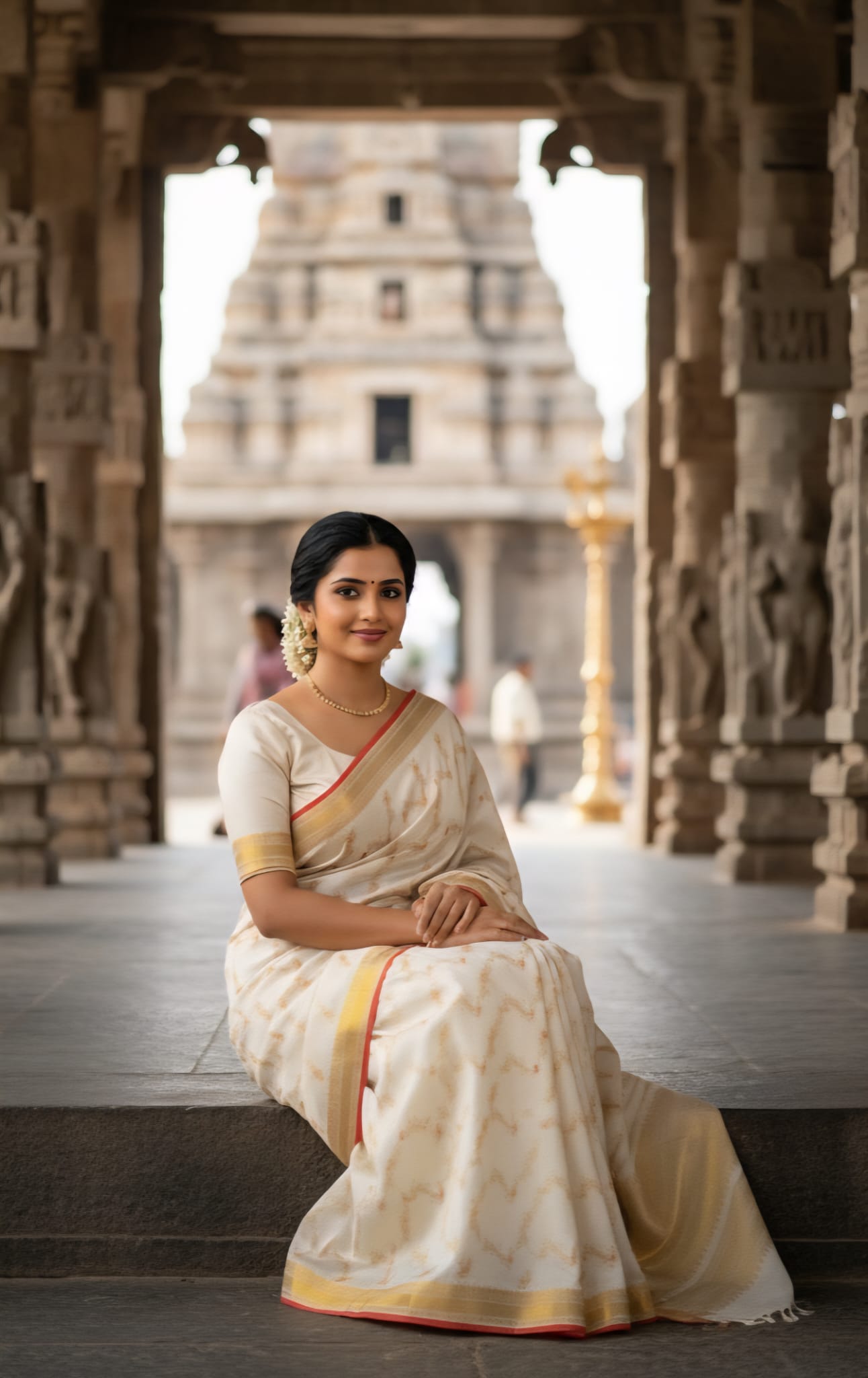 Off White Kanchipuram Handloom 3G Gold Pattu Silk Meenakari Saree