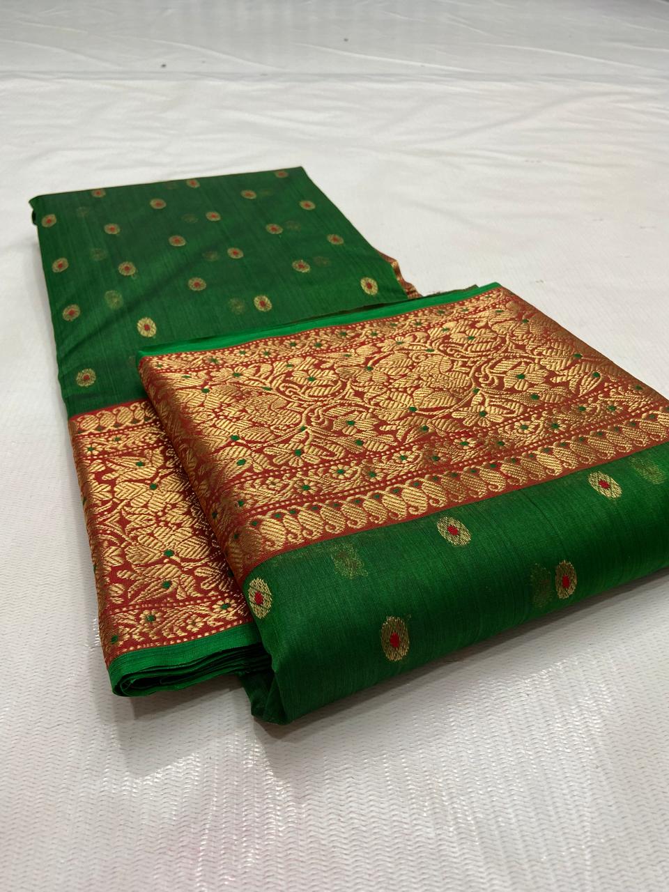 Dark Green Chanderi Handloom Katan Silk Nakshi Saree