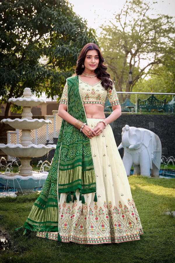 Festive Khadi Cotton Lehenga Choli in Off White with Green Dupatta