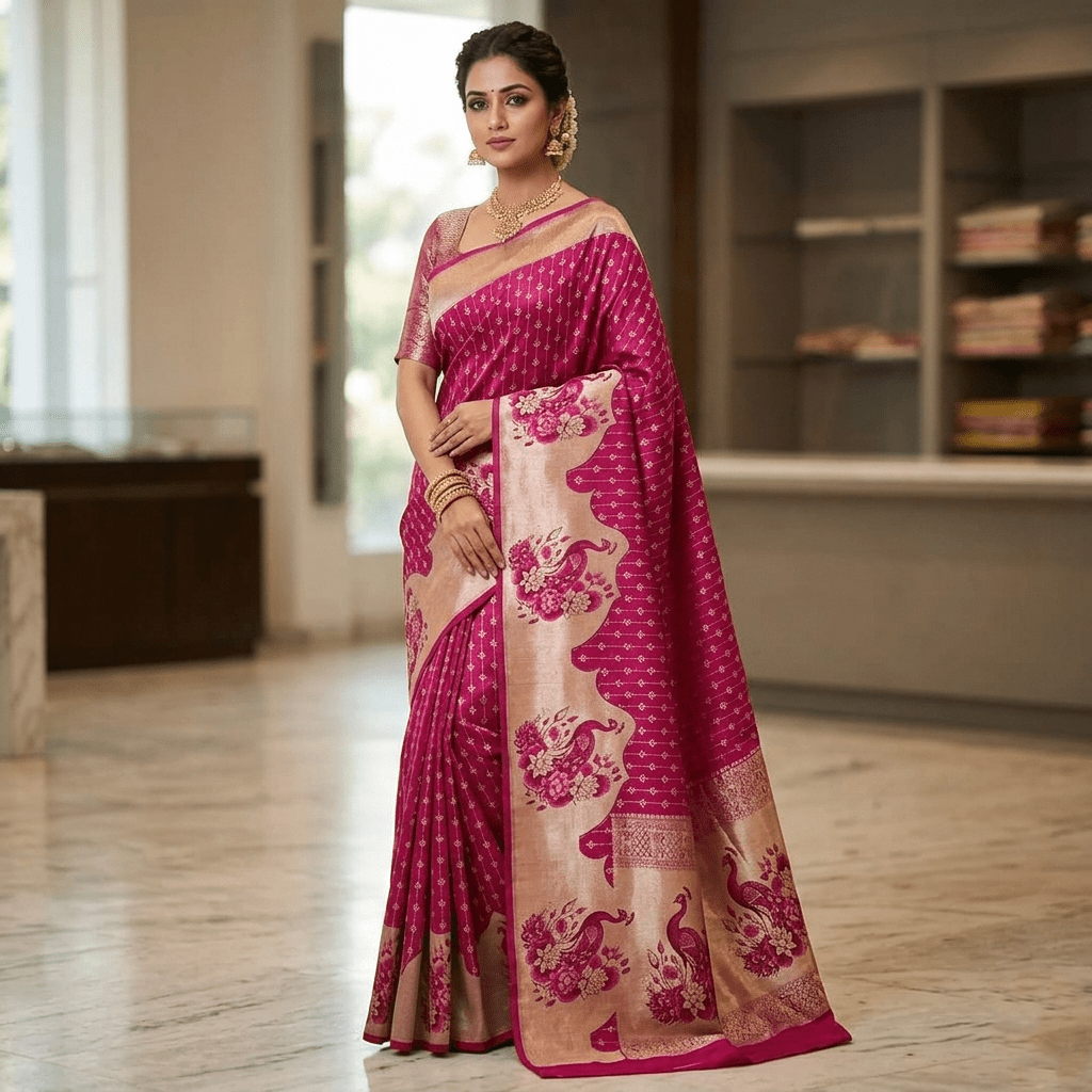 Dark Pink Kanchipuram Handloom Pattu Silk Meenakari Saree