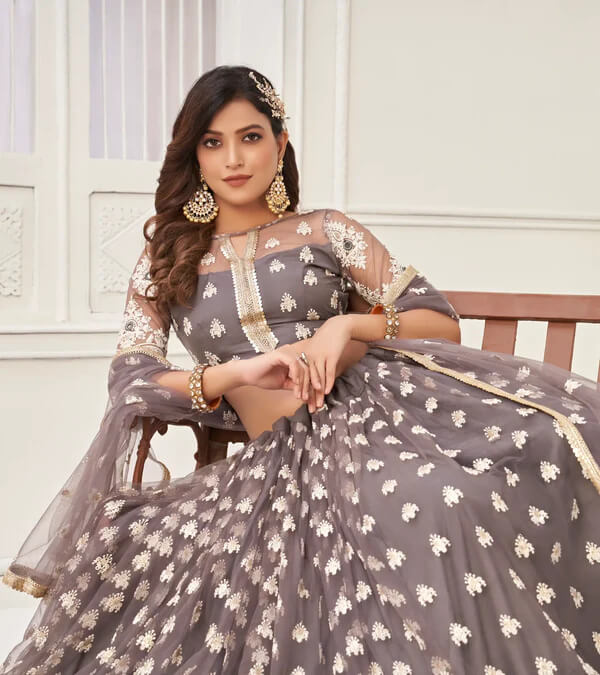 Space Grey Net Lehenga Choli with Cotton Thread & Sequins Work