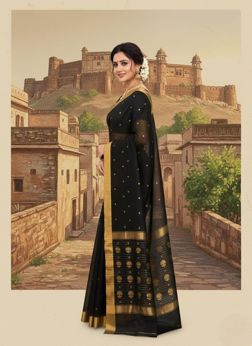 Black Chanderi Handloom Katan Silk Saree