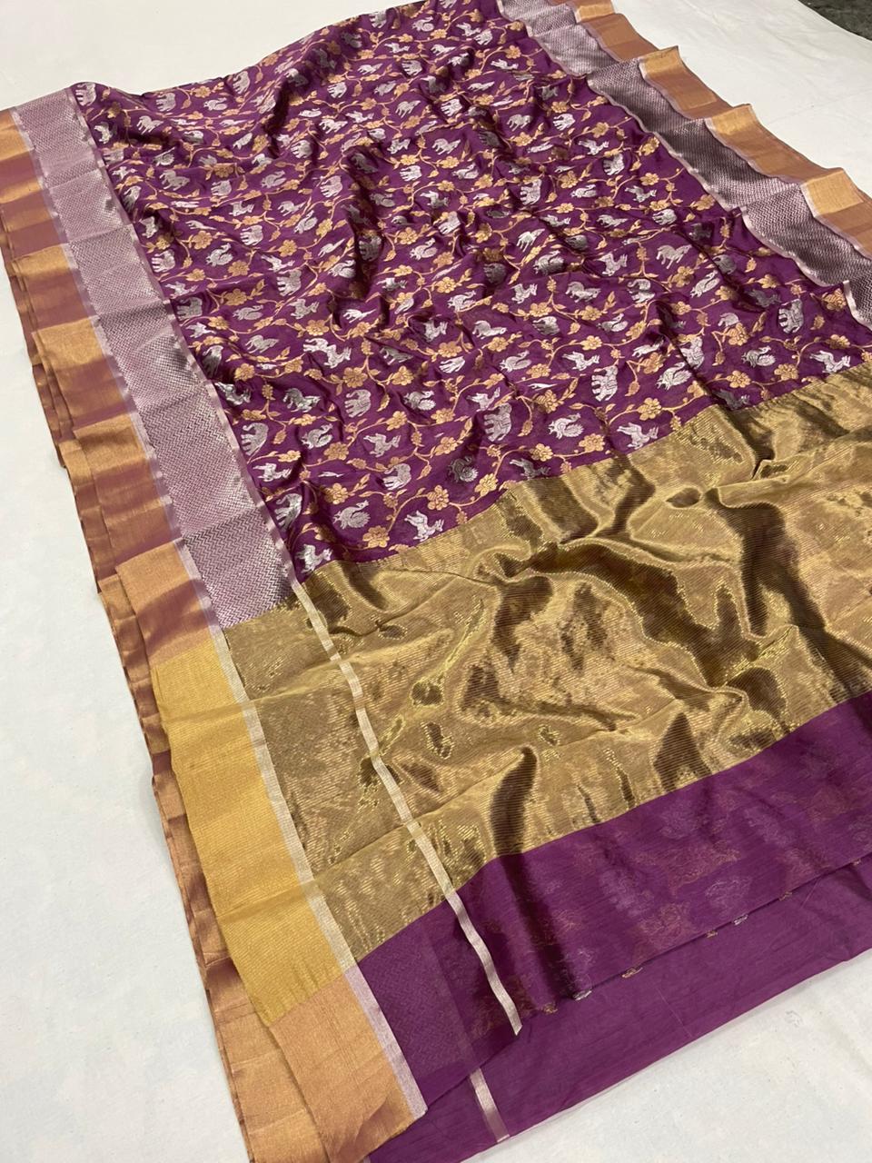 Lilac Chanderi Handloom Pattu Silk Shikargah Handwork Saree