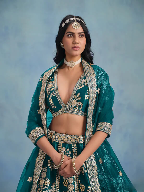 Teal Green Art Silk Lehenga Choli with Sequins & Thread Work
