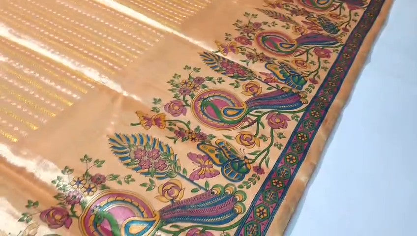 Peach Kanchipuram Handloom Kalamkari Tissue Silk Saree