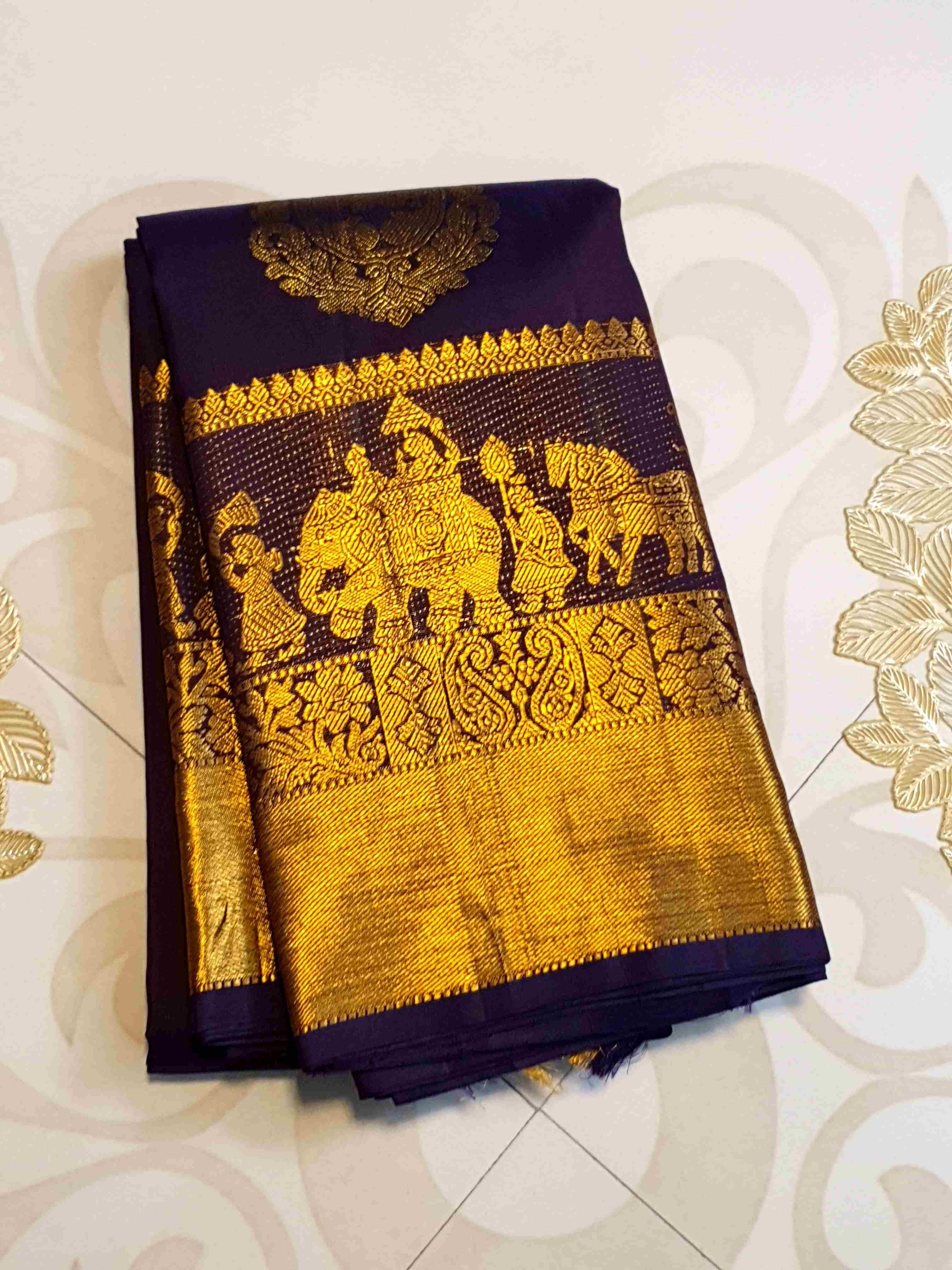Indigo Kanchipuram Handloom 2G Gold Pattu Silk Saree