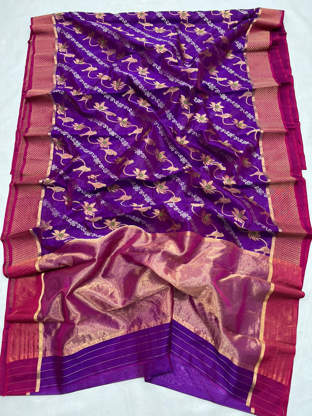 Purple Chanderi Handloom Pattu Silk Meenakari Handwork Saree