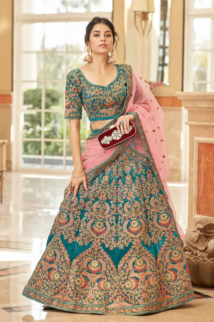 Blue Velvet Lehenga with Thread, Zari & Sequins Work