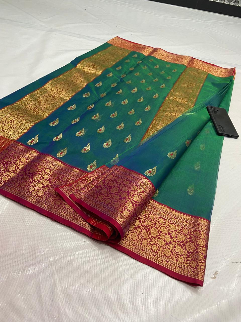 Peacock Green Chanderi Handloom Katan Silk Meenakari Saree