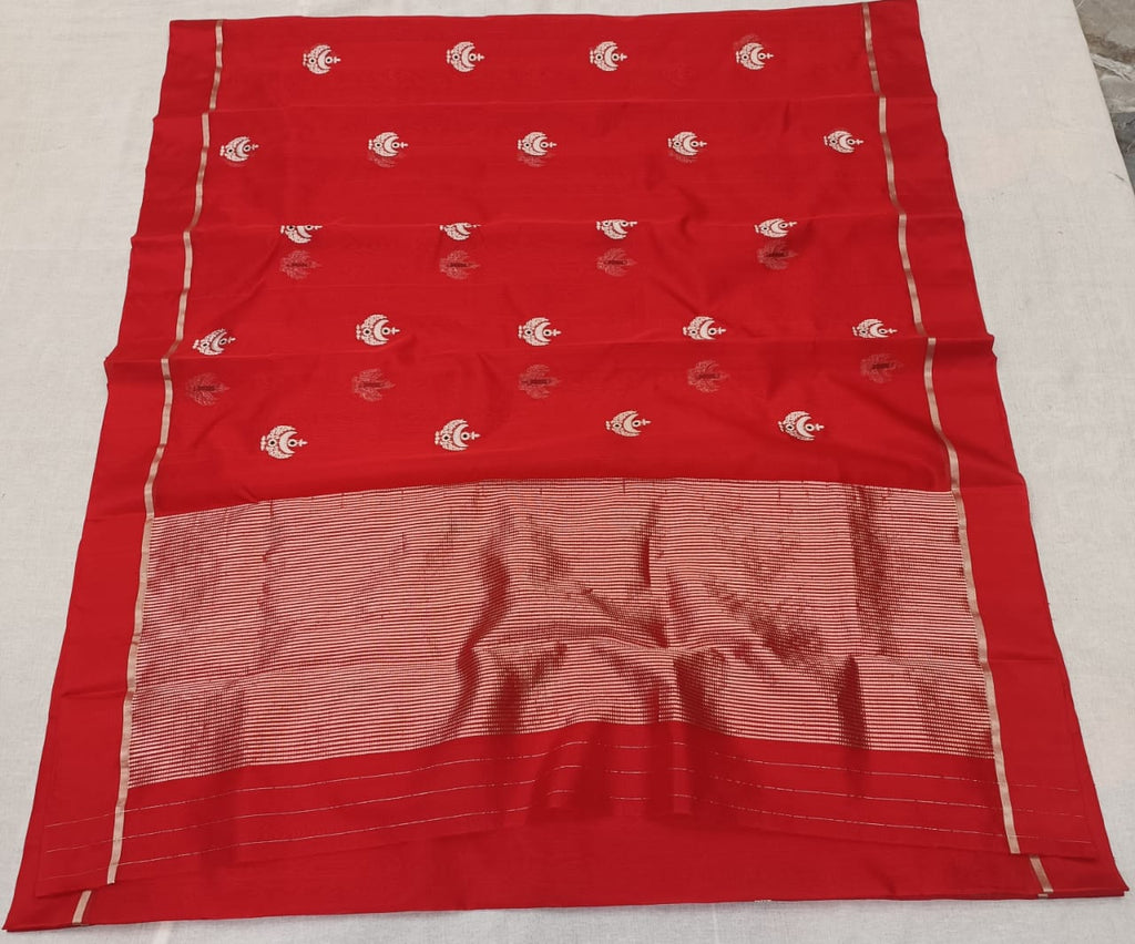 Red Chanderi Handloom Pattu Silk Eknal Buttas Saree