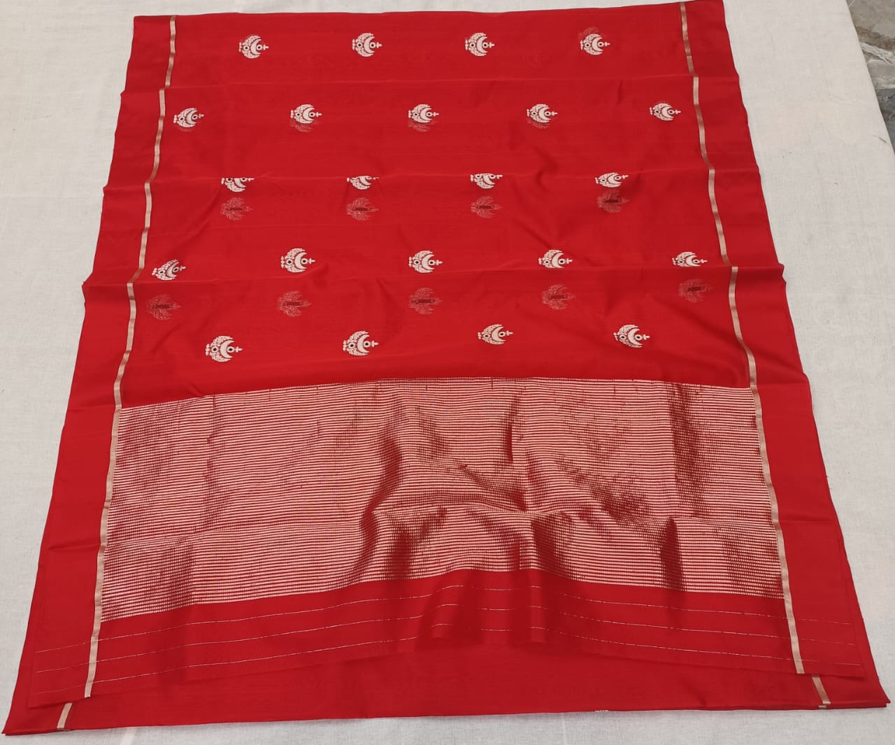Red Chanderi Handloom Pattu Silk Eknal Buttas Saree