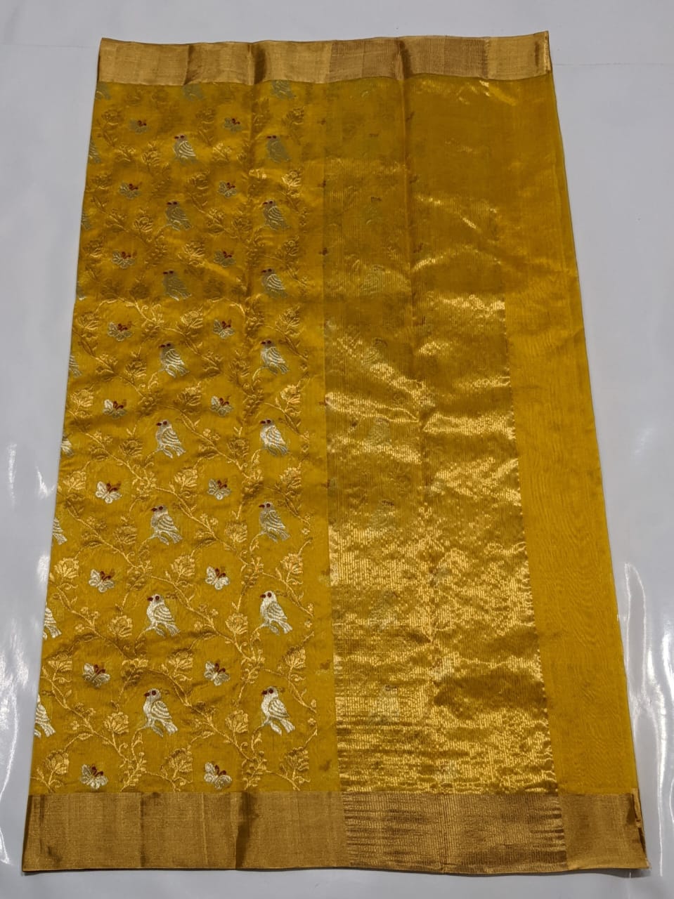Mustard Yellow Chanderi Handloom Pattu Silk Meenakari Saree