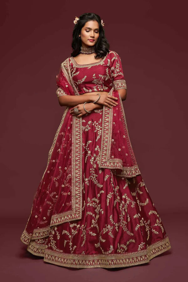 Maroon Silk Lehenga with Thread, Zari & Sequins Work