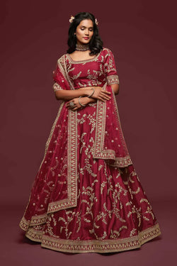 Maroon Silk Lehenga with Thread, Zari & Sequins Work