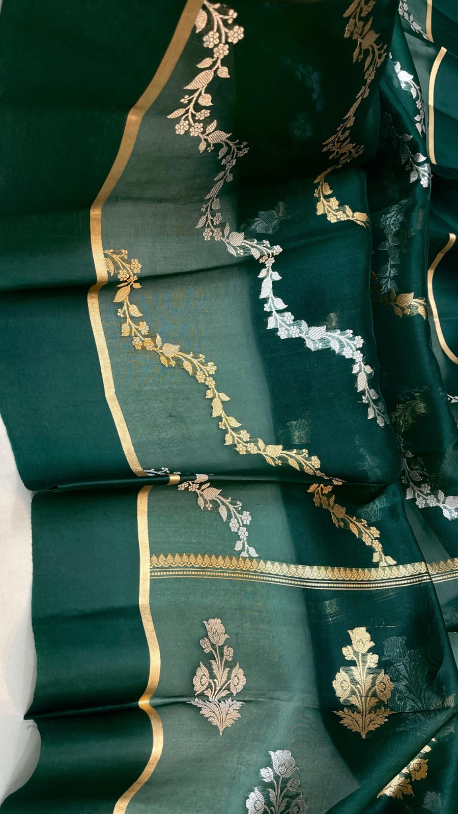 Dark Green Banarasi Handloom Kora Organza Silk Saree