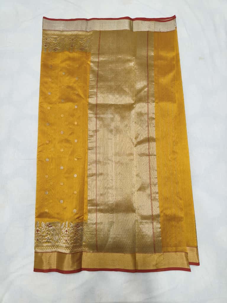 Golden Yellow Handloom Pattu Silk Meenakari Handwork Saree