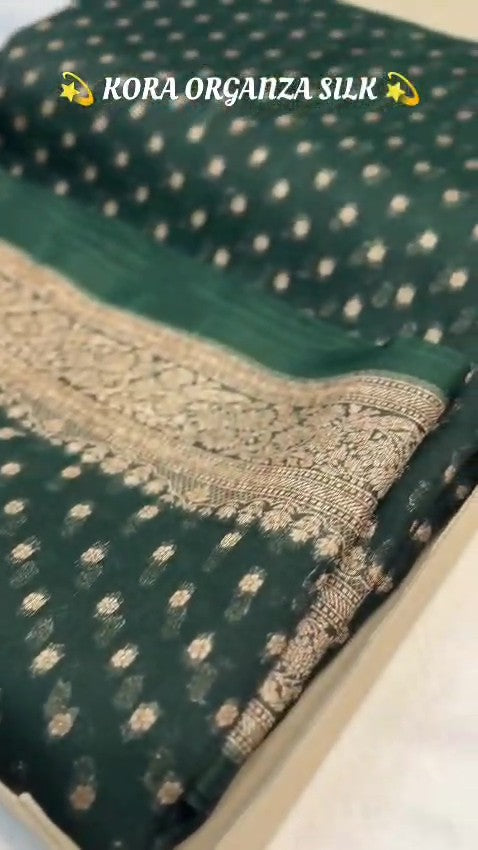 Dark Green Banarasi Handloom Kora Organza Silk Saree