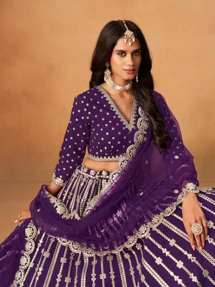 Purple Art Silk Lehenga with Mirror & Embroidery