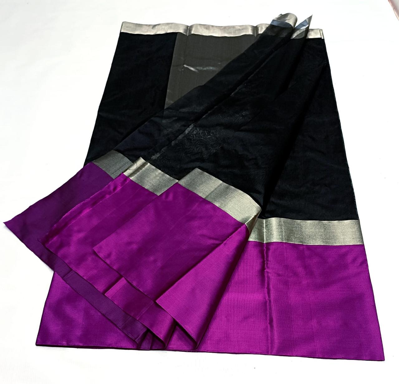 Black Chanderi Handloom Pattu Silk Mashru Borders Saree