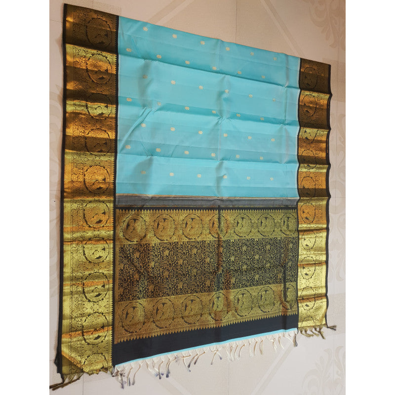 Turquoise Kanchipuram Handloom 2G Gold Baby Shower Korvai Silk Saree