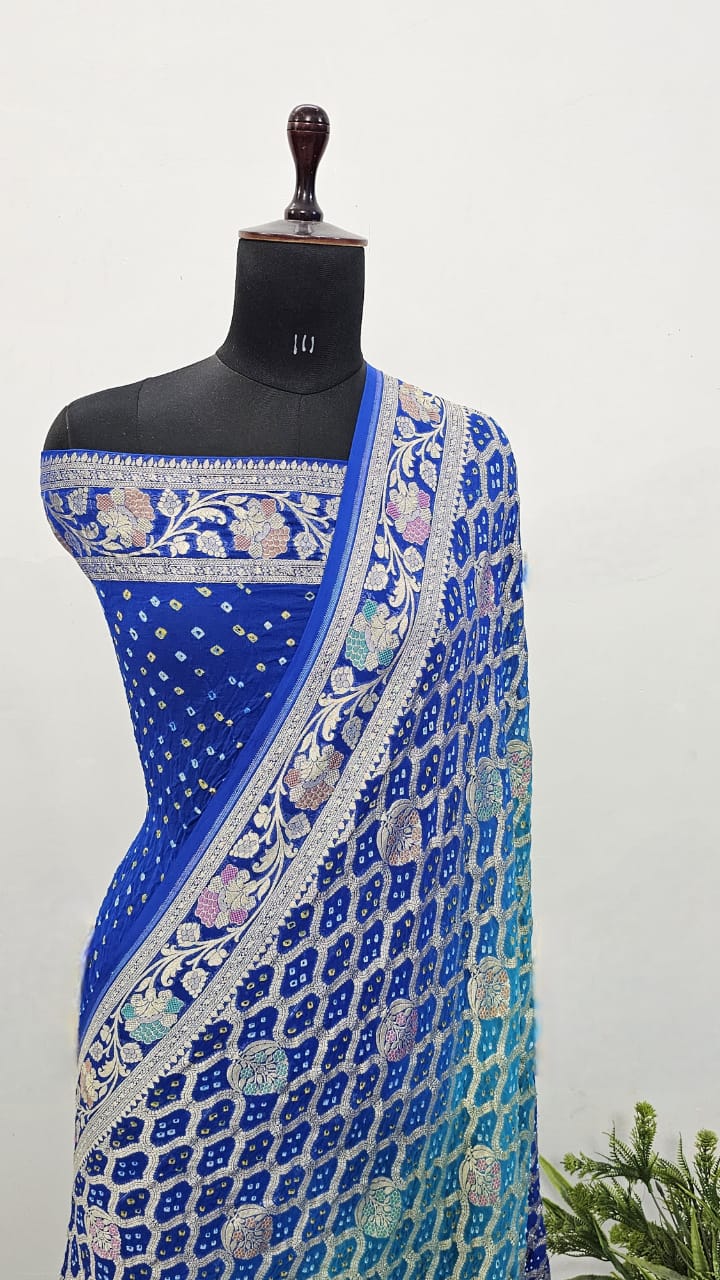 Blue Banarasi Handloom Gold Zari Bandhani Georgette Silk Saree