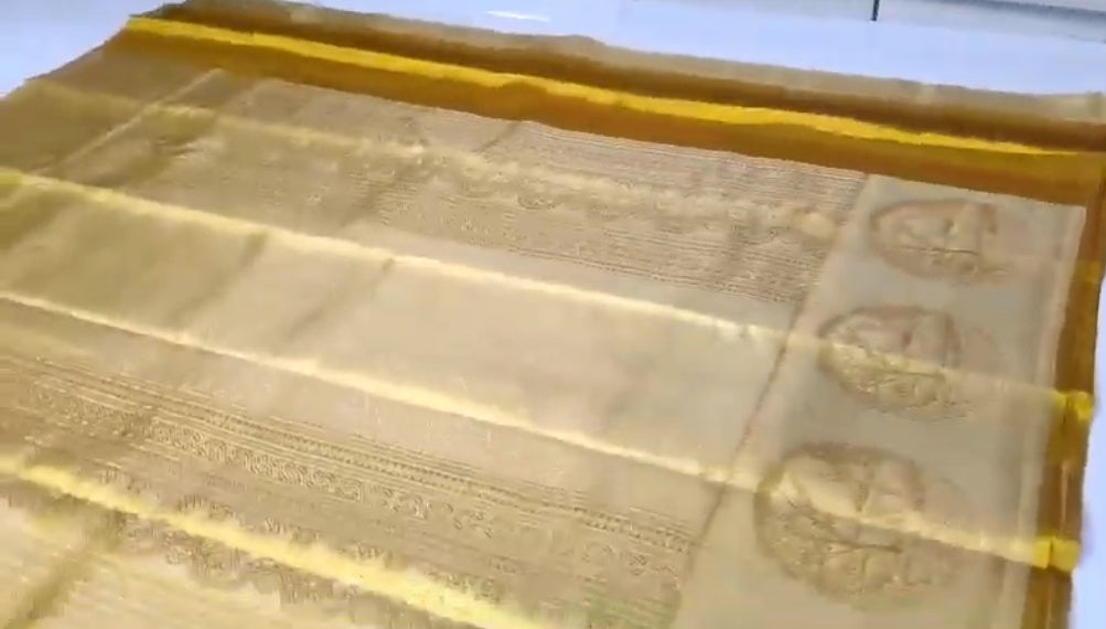 Gold Kanchipuram Handloom Tissue Brocade Silk Meenakari Saree