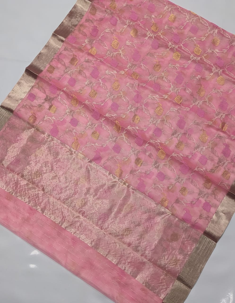 Baby Pink Chanderi Handloom Katan Silk Meenakari Saree