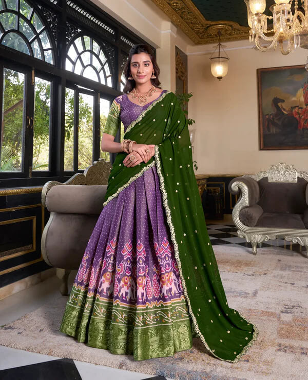 Purple Silk Lehenga with Digital Print and Embroidery Detailing
