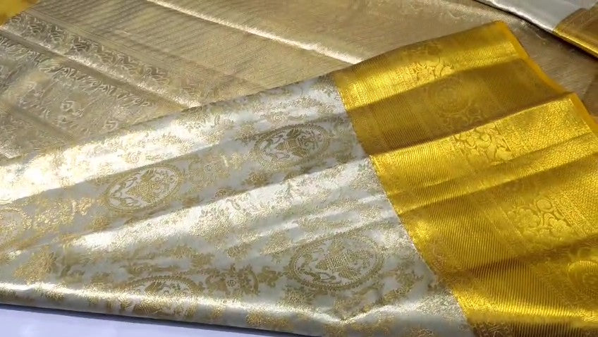 Ivory & Gold Kanchipuram Handloom Tissue Brocade Bridal Silk Saree
