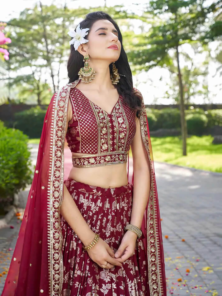 Maroon Jacquard Lehenga with Zari & Sequins Work