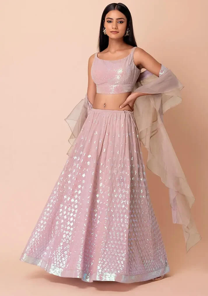 Mauve Pink Party Lehenga with Sequins & Ruffle Dupatta