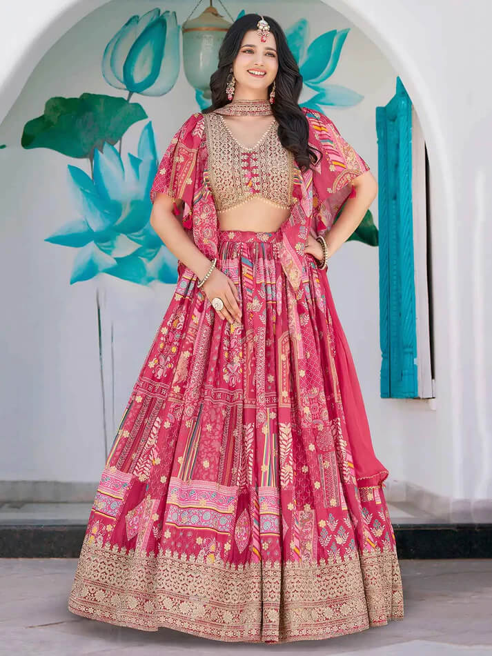 Pink Silk Lehenga with Digital Print & Embroidery