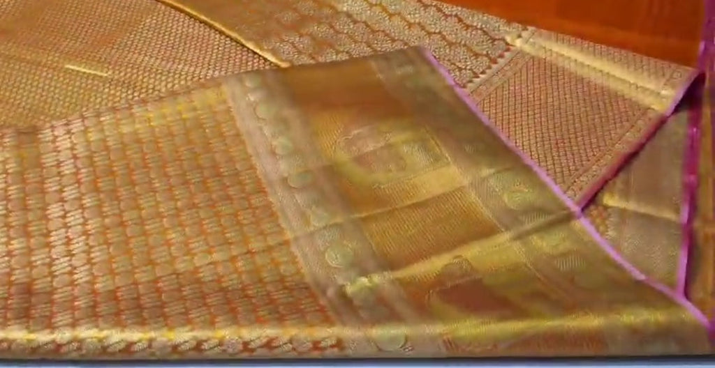 Orange Kanchipuram Handloom Tissue Brocade Silk Meenakari Saree