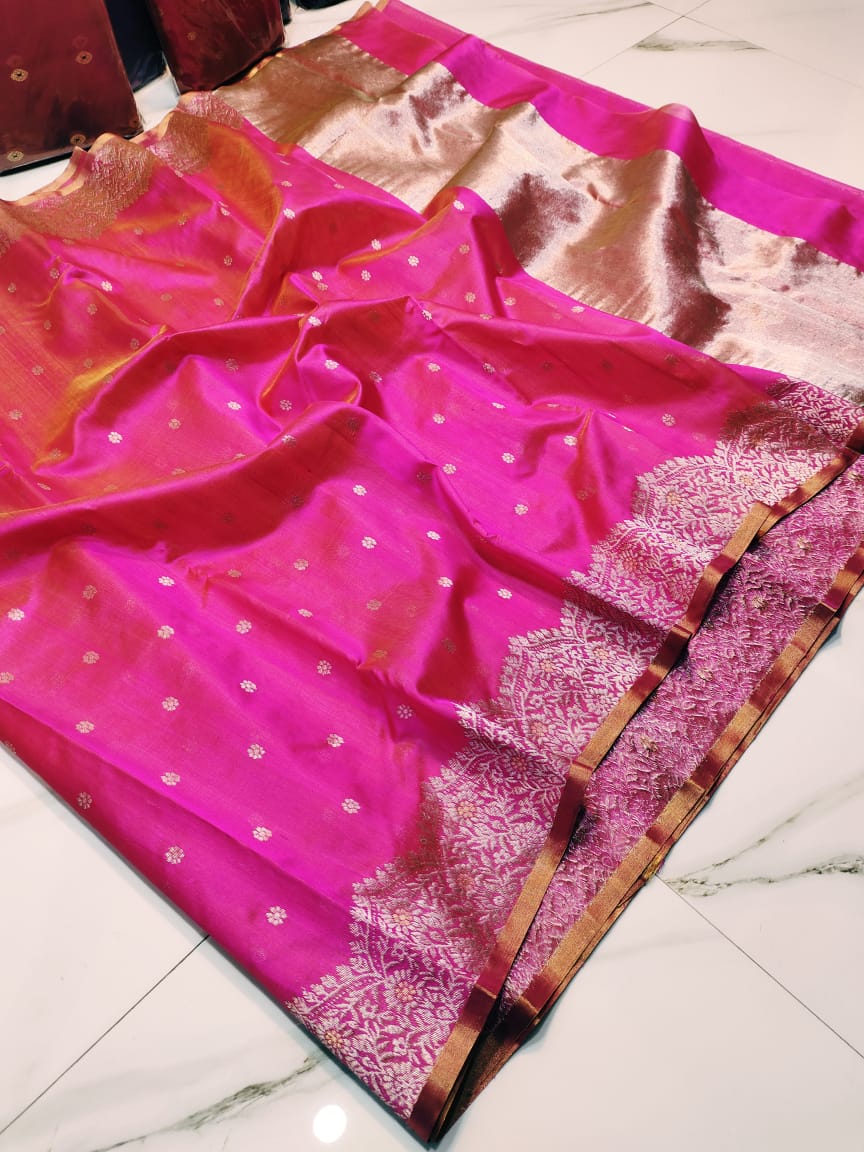 Hot Pink Chanderi Handloom Pattu Silk Meenakari Handwork Saree
